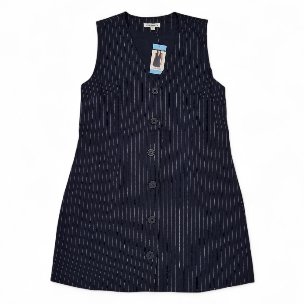 Steve Madden~NWT~Women Pinstripe Button Up Dress~Navy Blue~Office Siren~Prep~LRG - Picture 2 of 6
